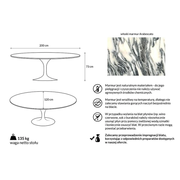 Stół TULIP ELLIPSE MARBLE ARABESCATO  - biały - blat owalny marmurowy, metal